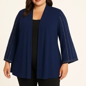 Catherines Plus Sz 3X Open Cardigan Navy Blue Bling Slinky Stretchy Travelers